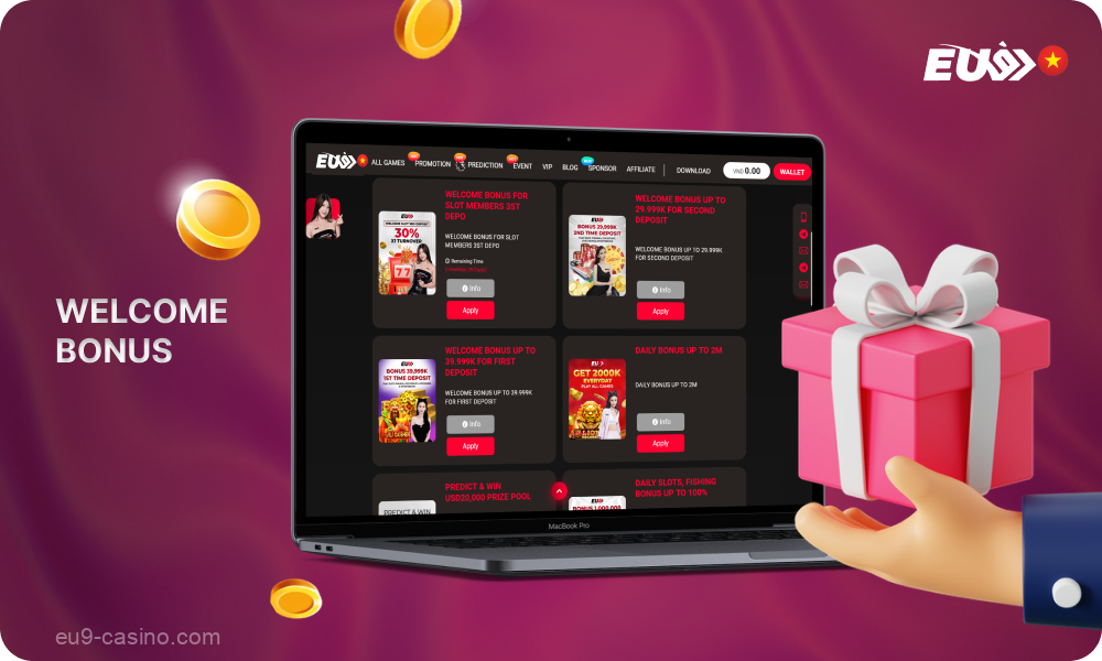 After registering on Eu9, users from Vietnam can receive a 35% welcome bonus on their first deposit up to VND 3,000,000